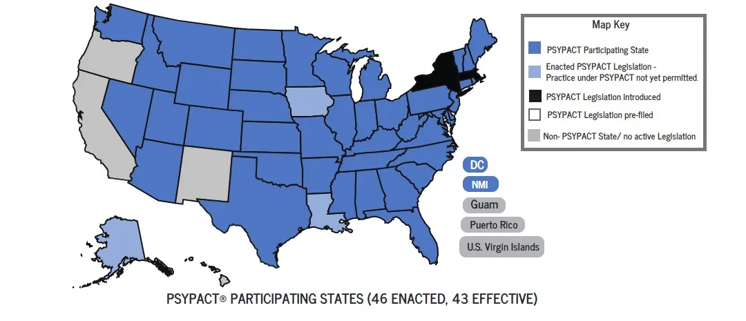 Map of PSYPACT participating states with a color-coded key indicating participating states, states with enacted legislation, and non-participating states.